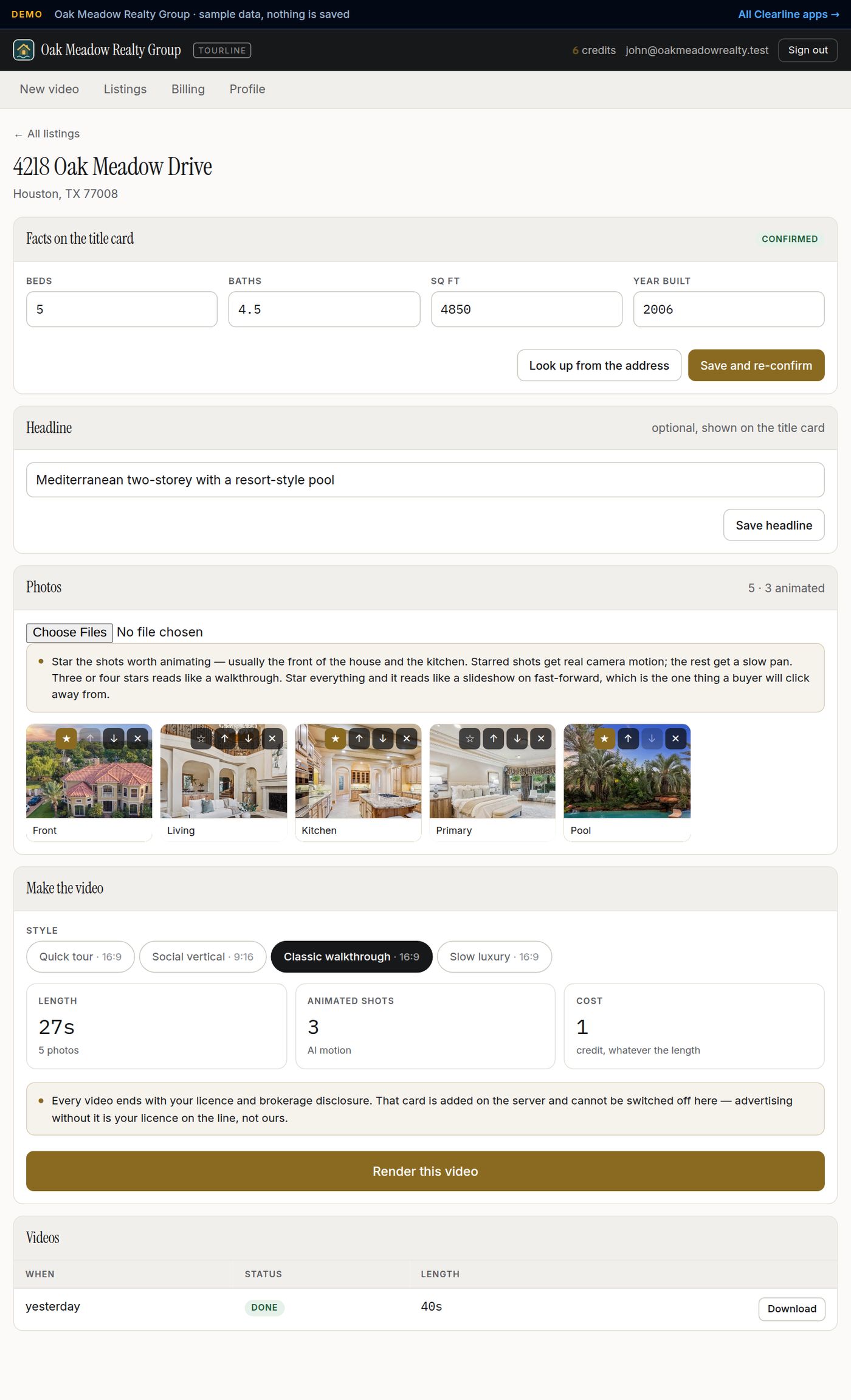 Tourline, the listing editor with the confirmed facts, the photographs and the render controls