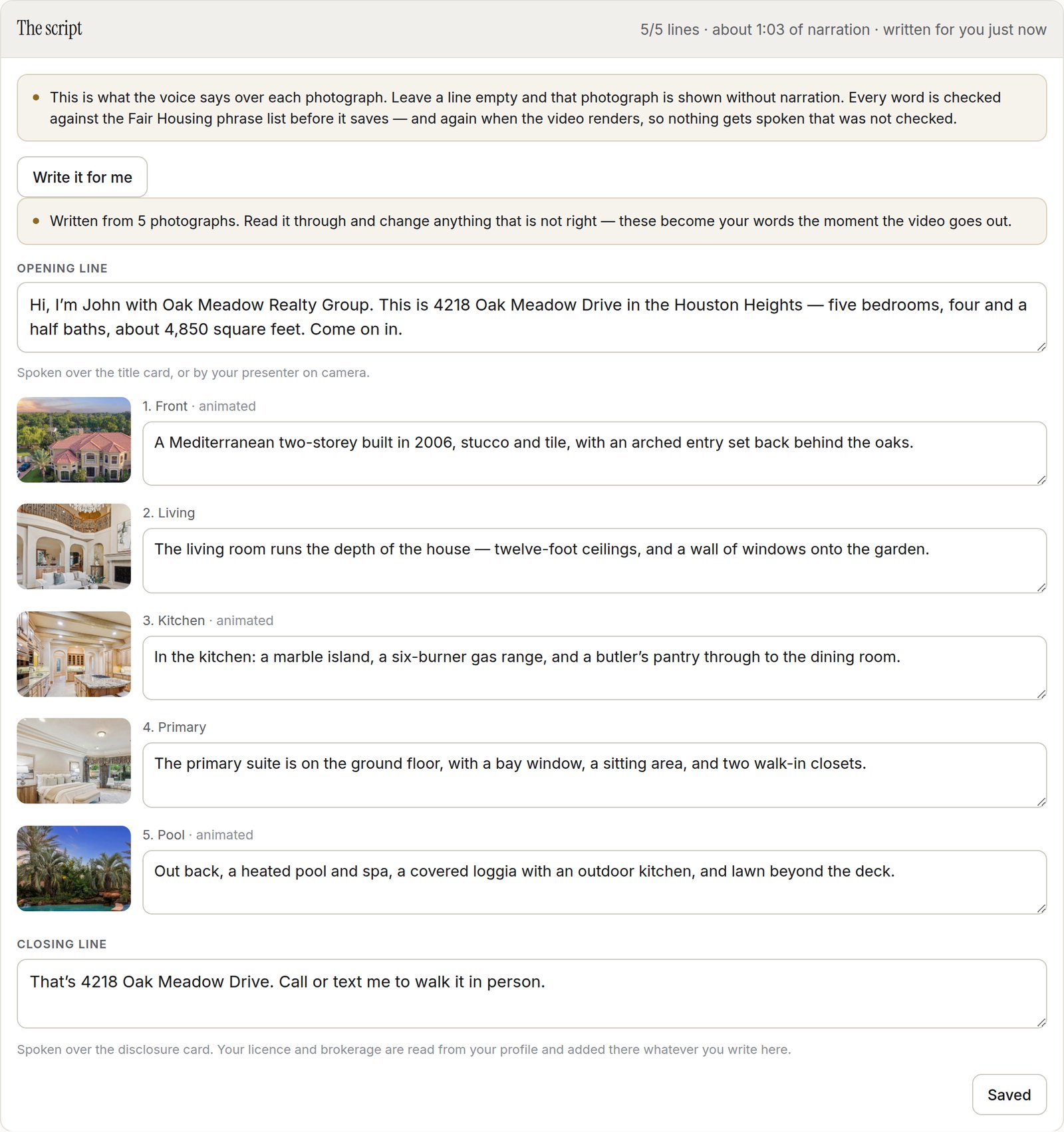 Tourline, the script: an opening line, a line beside each room photograph, and a closing line, each one editable